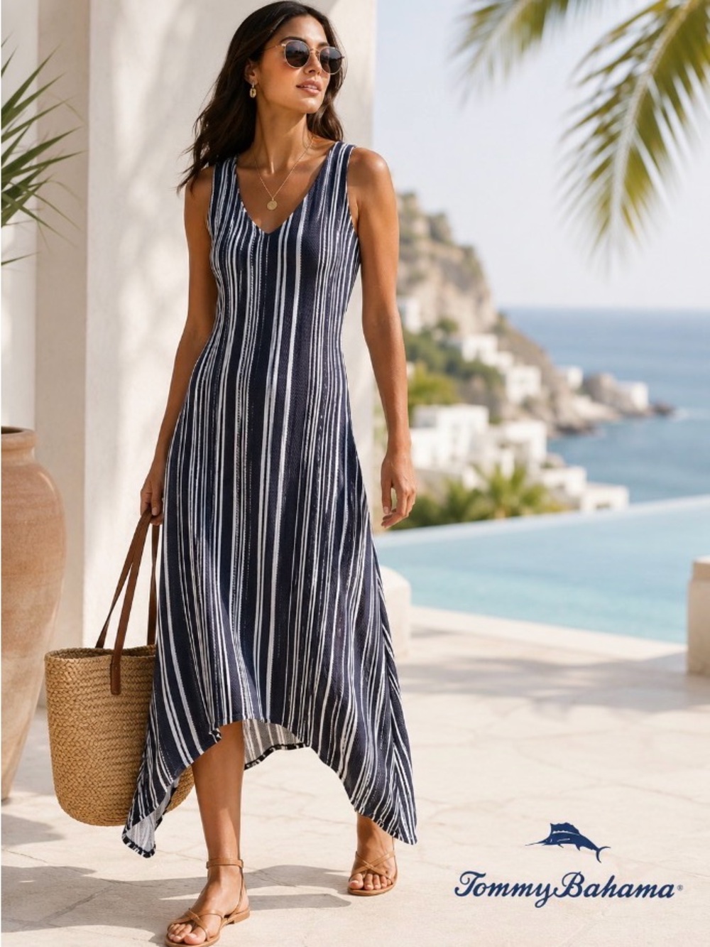 Tommy Bahama Anoche Sleeveless Stripe Shift HI-LOW Maxi Dress Sz M - Picture 1 of 14